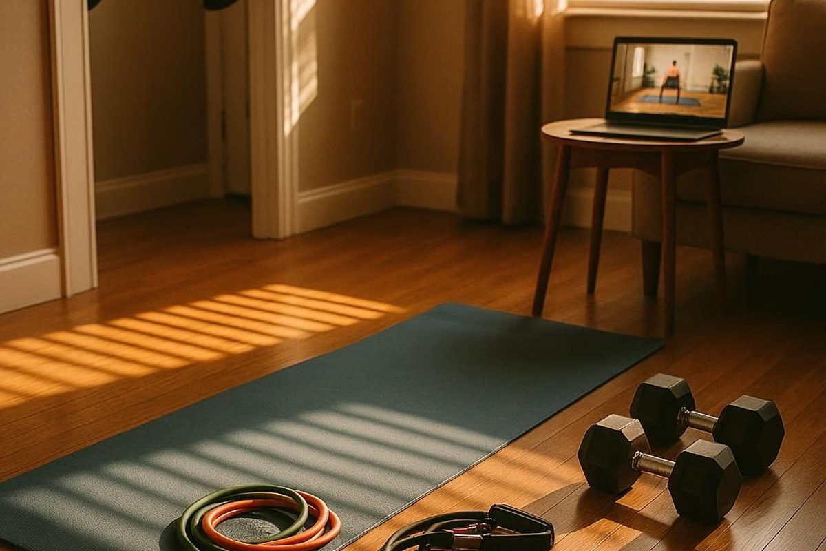 P90X home workout setup with resistance bands, dumbbells, and yoga mat in a living room