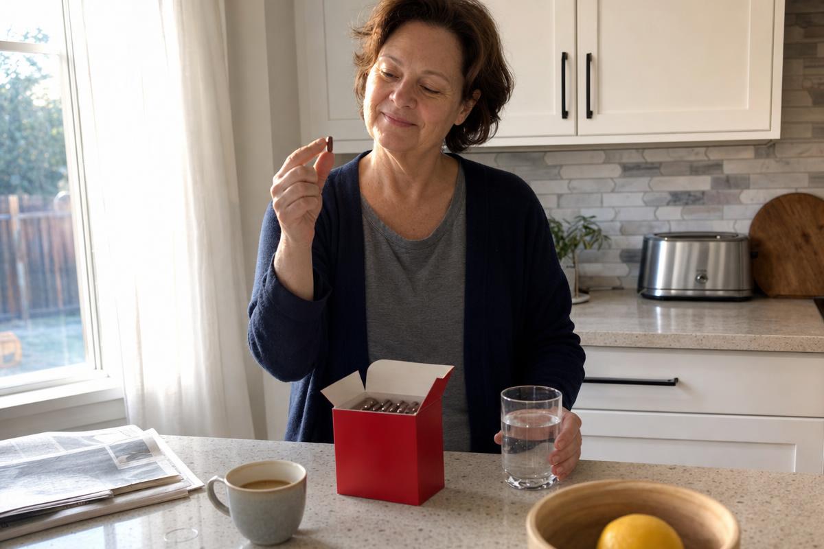A woman taking a Balance of Nature supplement capsule at her kitchen counter in morning light