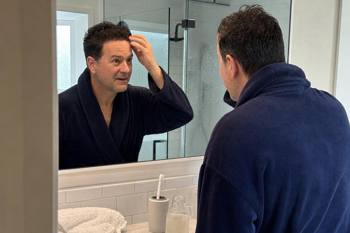 A man checking his fuller hairline in a bathroom mirror after Bosley hair restoration
