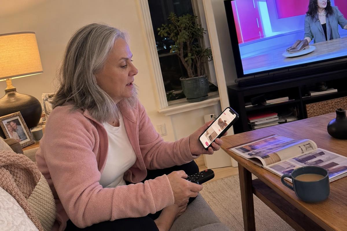 A woman watching a cable shopping network infomercial on TV while placing an order on her phone