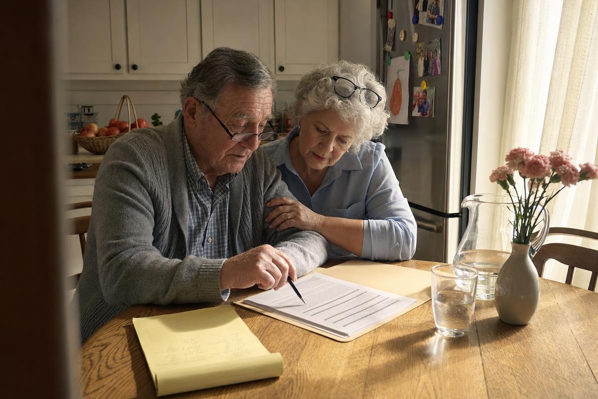 An older couple reviewing a Colonial Penn life insurance policy folder together at the kitchen table