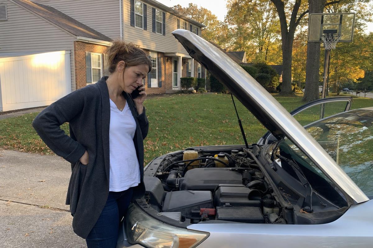 A driver on the phone next to her open hood considering Endurance auto repair coverage in her driveway