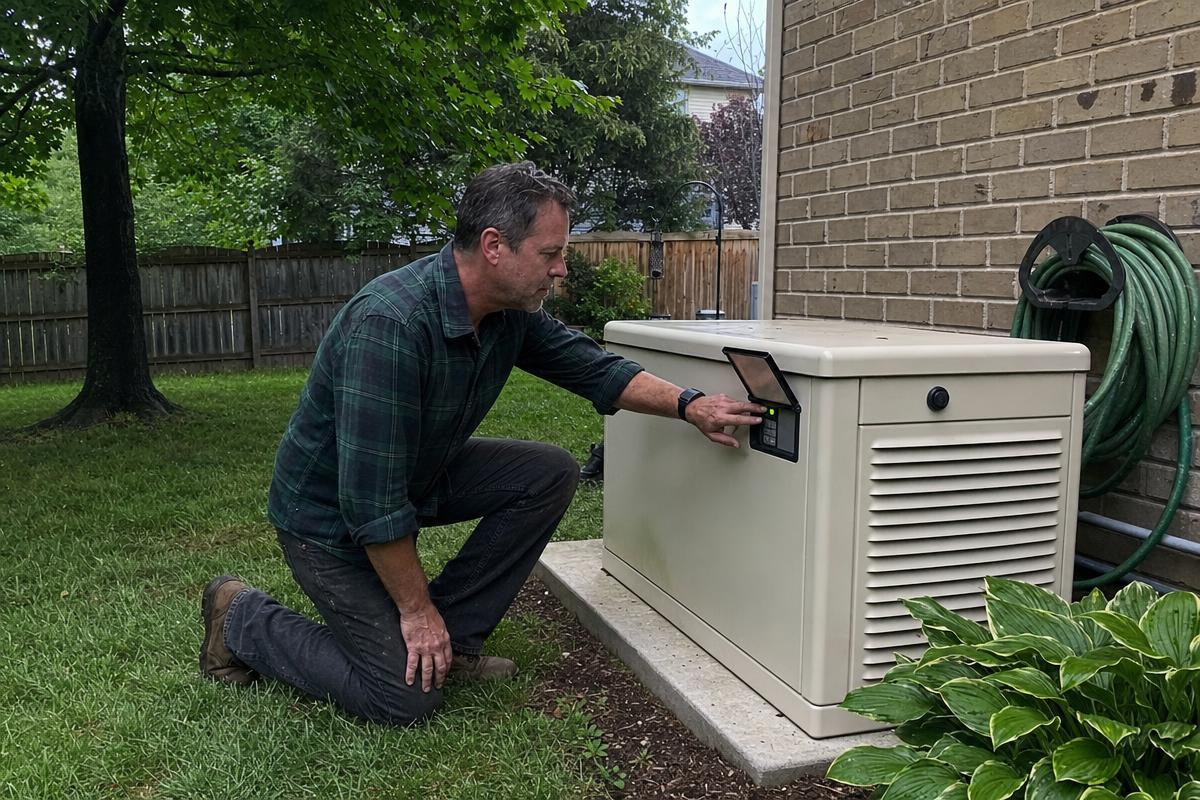 A homeowner pressing the test button on his Generac home standby generator outside his house