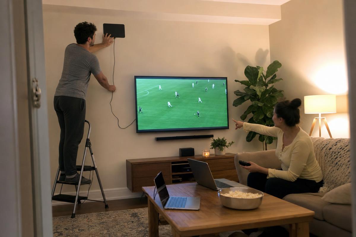 A young couple installing an HD free antenna on the wall and watching local broadcast TV