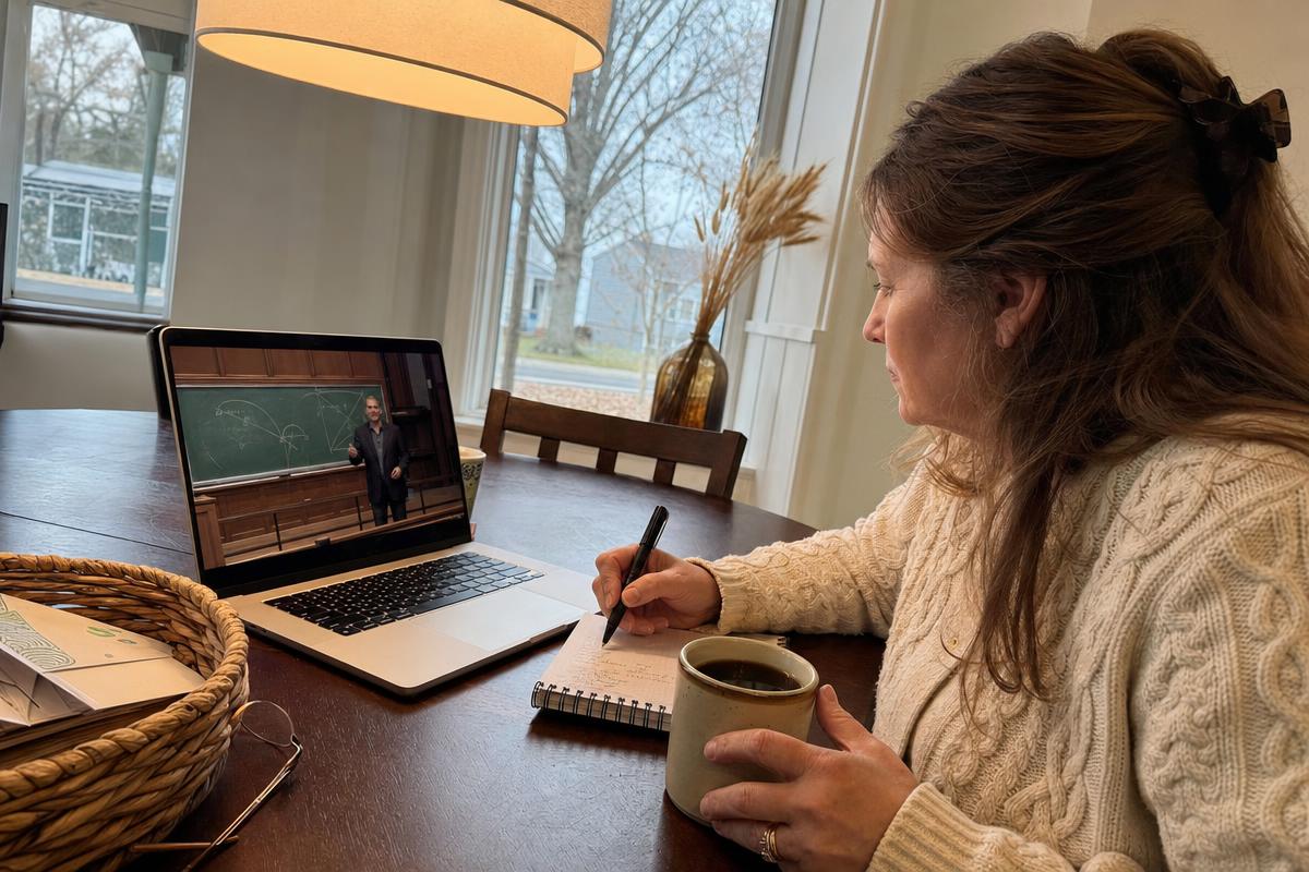 A woman watching a Hillsdale College online lecture on her laptop while taking notes at home