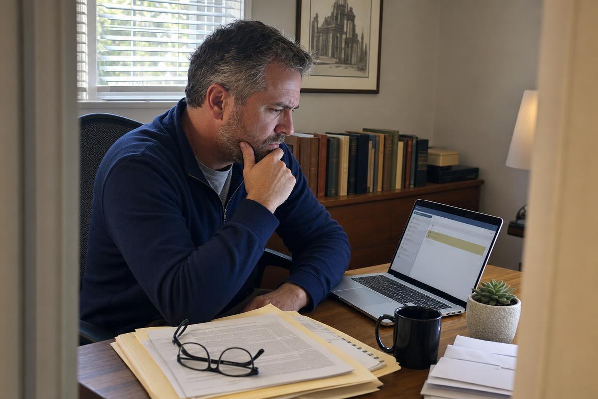 A homeowner reviewing a Home Title Lock alert on his laptop with property paperwork on his desk