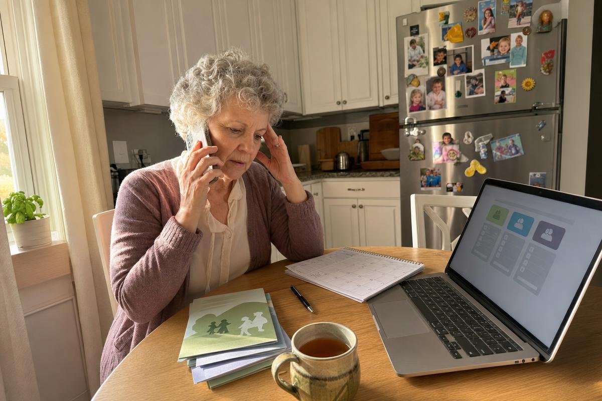 A senior woman comparing Humana Medicare plans on her laptop while on a phone call at her kitchen table