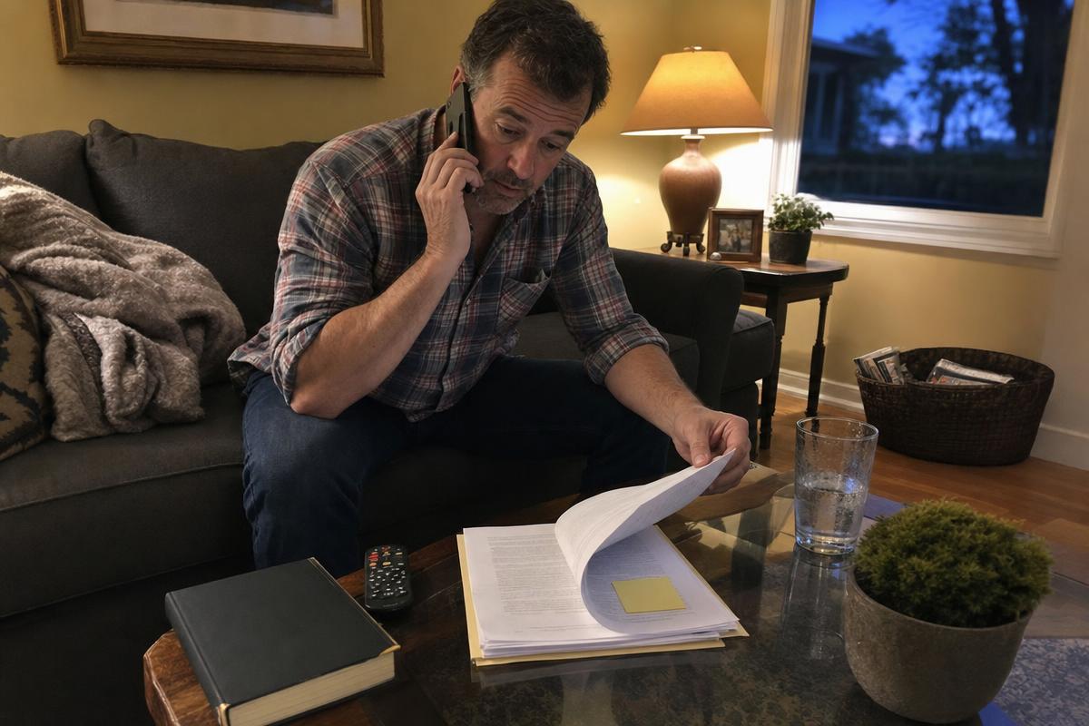 A man calling a legal help center on his phone while reviewing paperwork at home