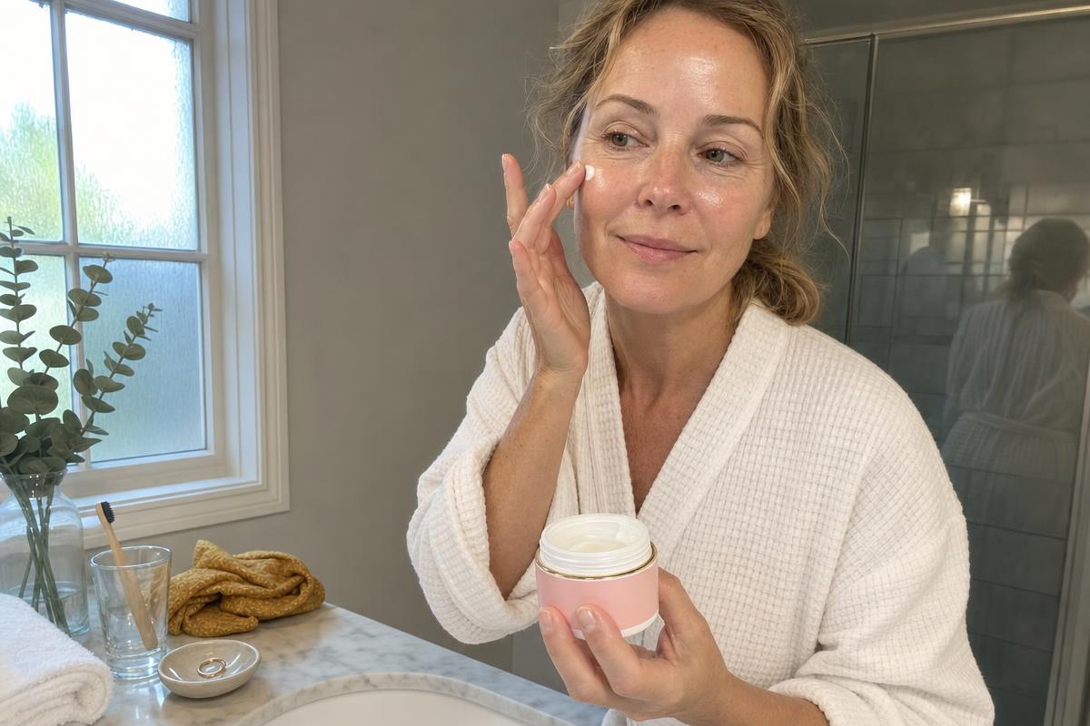A woman applying Meaningful Beauty day cream to her cheek at her bathroom vanity in the morning