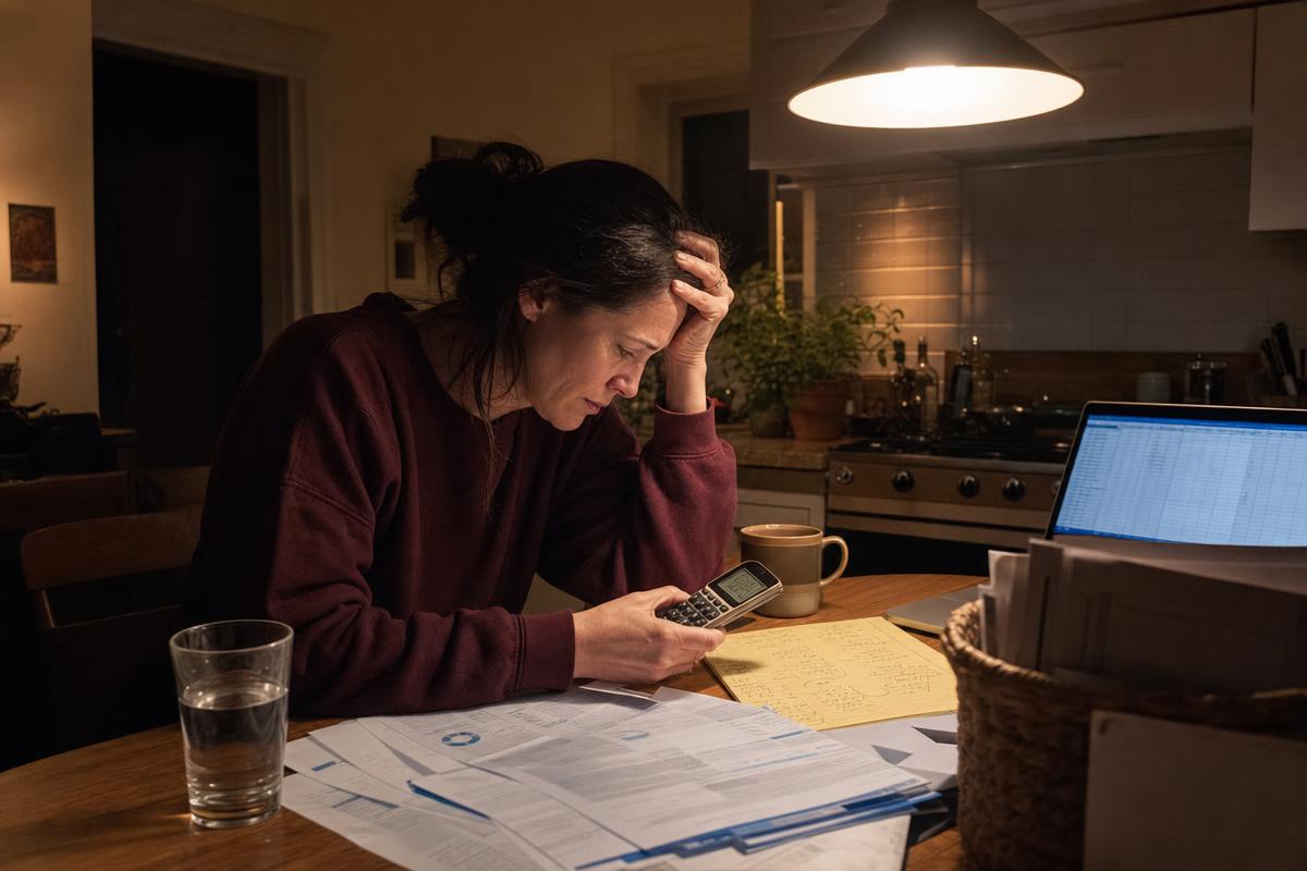 A woman reviewing credit card statements with a calculator while considering National Debt Relief at her kitchen table
