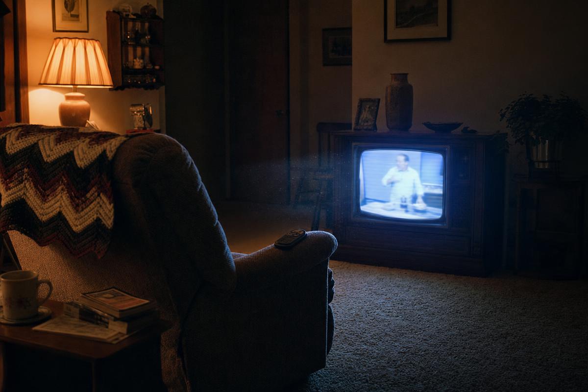 A vintage television tuned to a late-night infomercial in a quiet living room, illustrating what an infomercial is