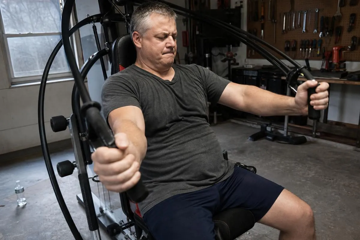 A man doing a chest press on a Bowflex home gym in his garage