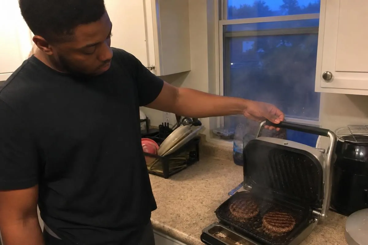 A man cooking burgers on a George Foreman Grill with grease draining into the tray