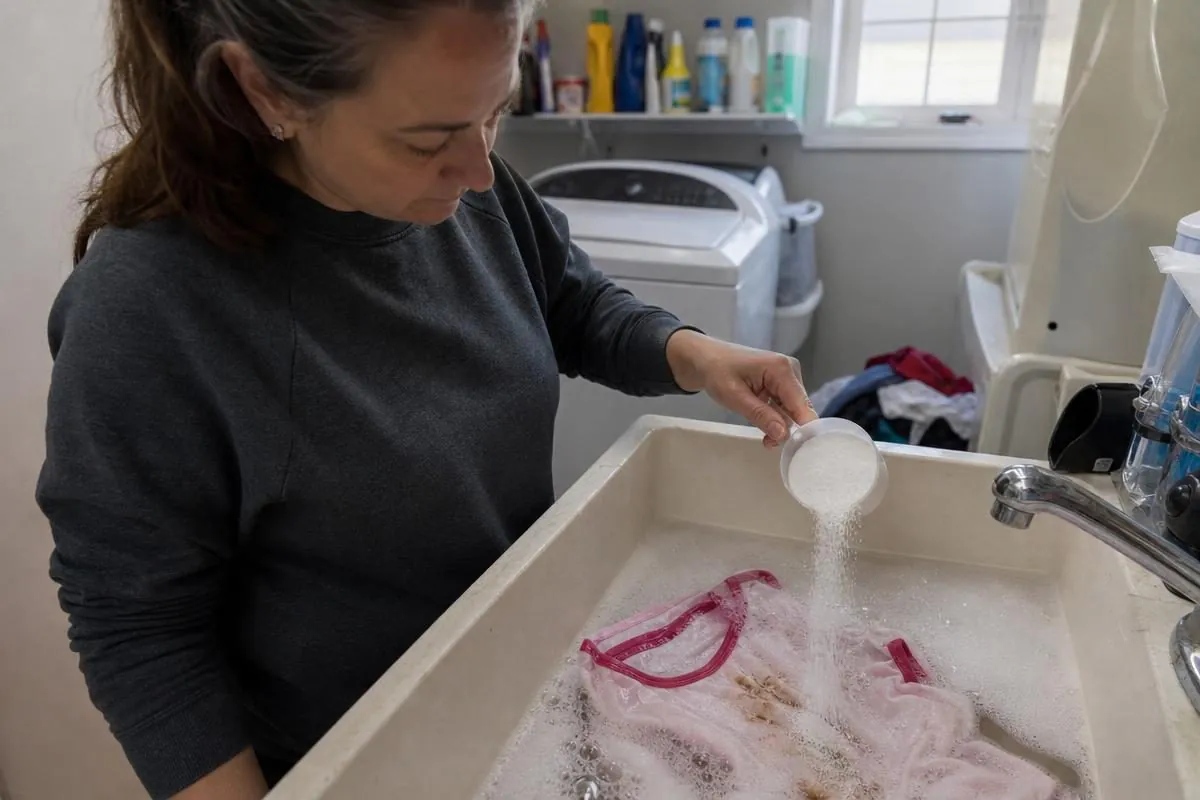A woman soaking a stained shirt with OxiClean stain remover in a utility sink