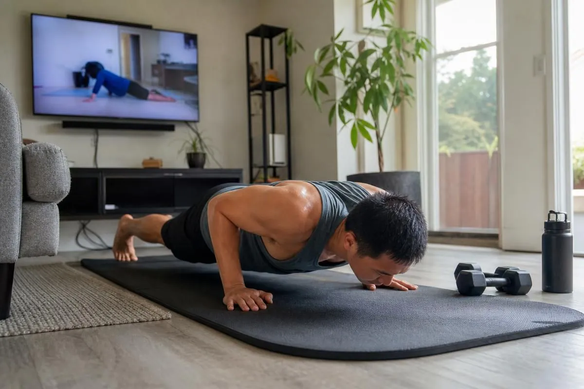 A man doing push-ups during a P90X home workout in his living room
