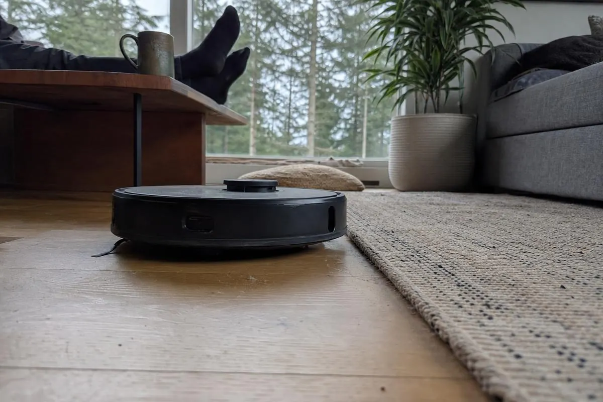 A Shark Matrix Plus 2-in-1 robot vacuum cleaning a hardwood living room floor
