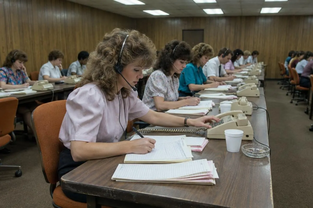 Telephone operators taking orders at a 1980s infomercial call center with push-button phones and paper order forms