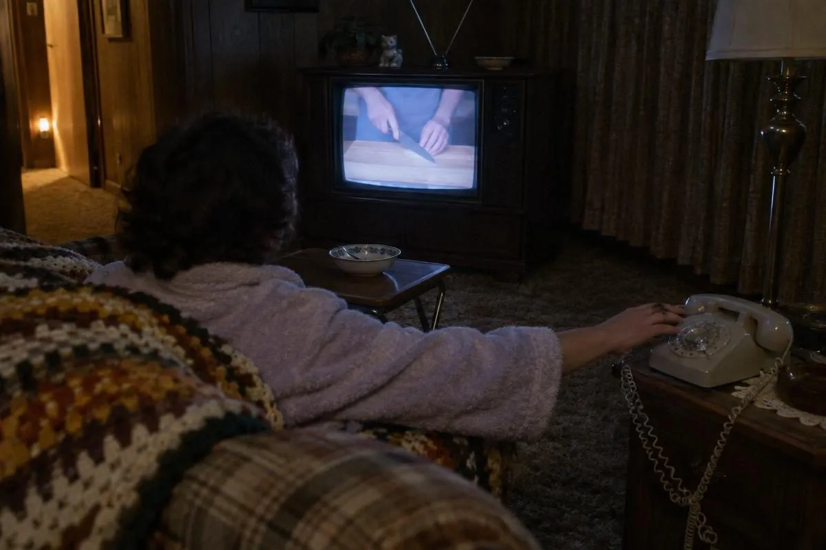 A late-night viewer reaching for the phone while an 80s infomercial knife demonstration plays on a console television