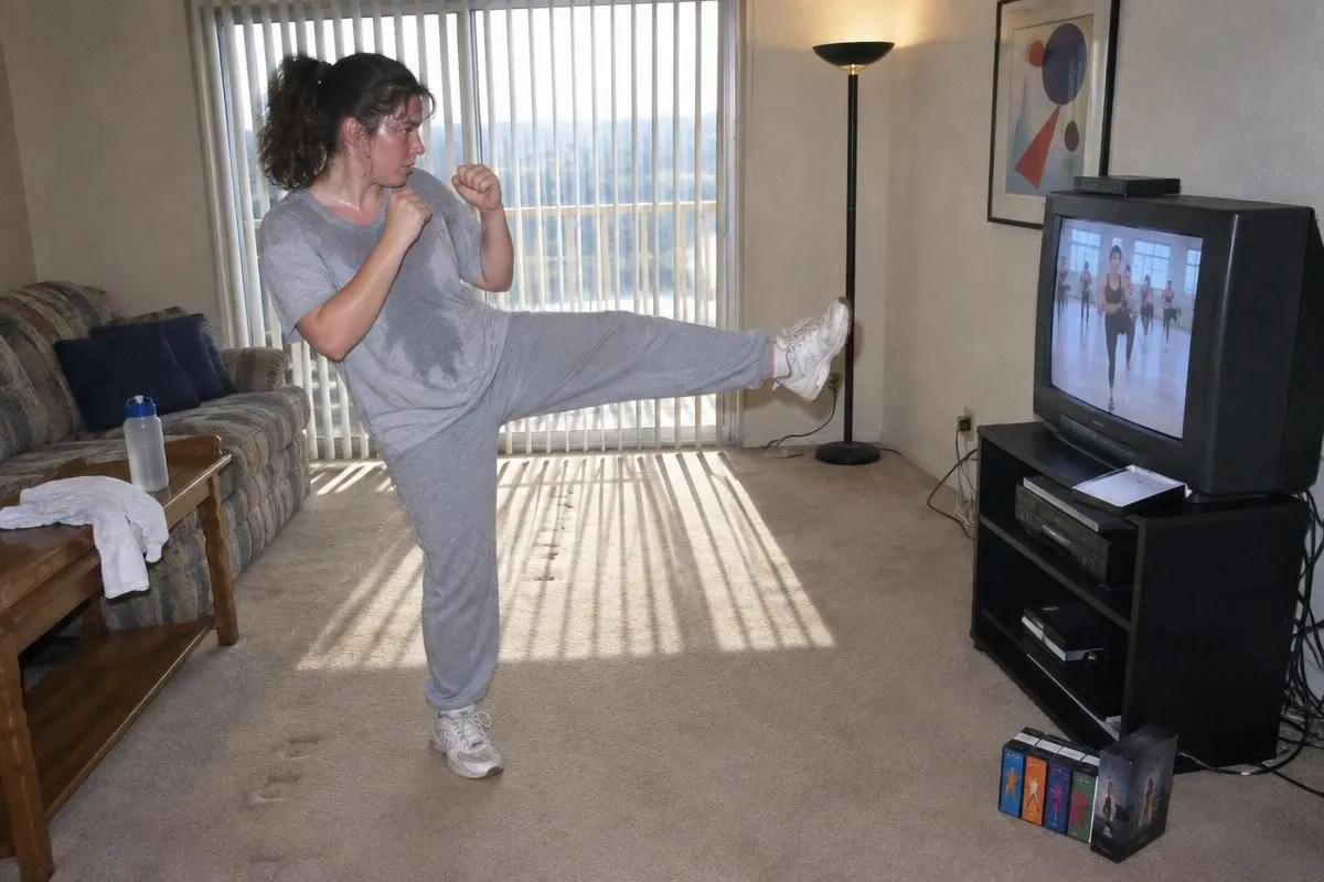 A woman following a 90s infomercial kickboxing workout tape in her apartment living room