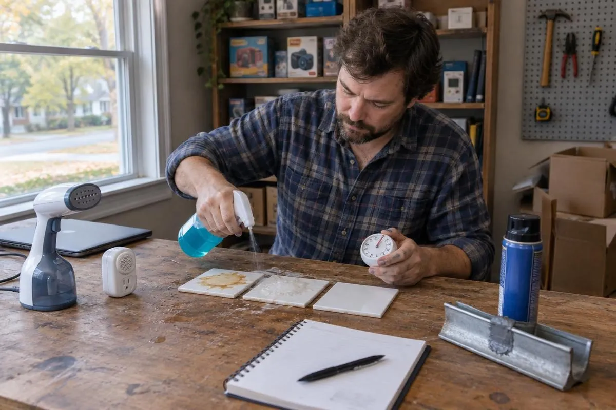 A reviewer testing As Seen On TV cleaning products on stained tiles for the About Us page