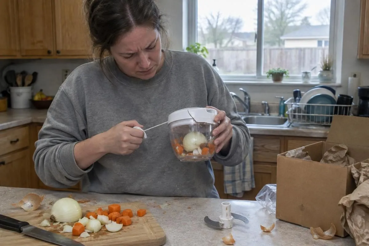 A shopper frowning at a jammed As Seen On TV food chopper in her home kitchen