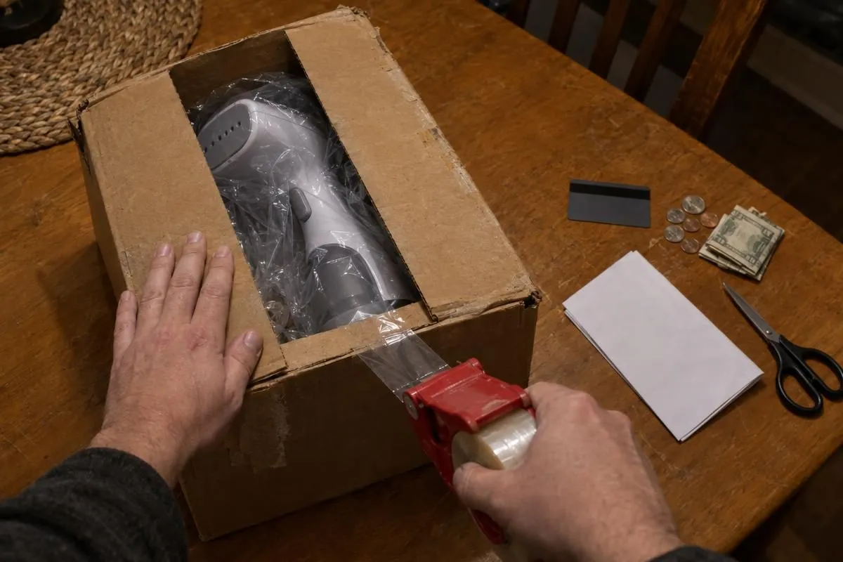Hands taping up a box to return an As Seen On TV product under a money-back guarantee