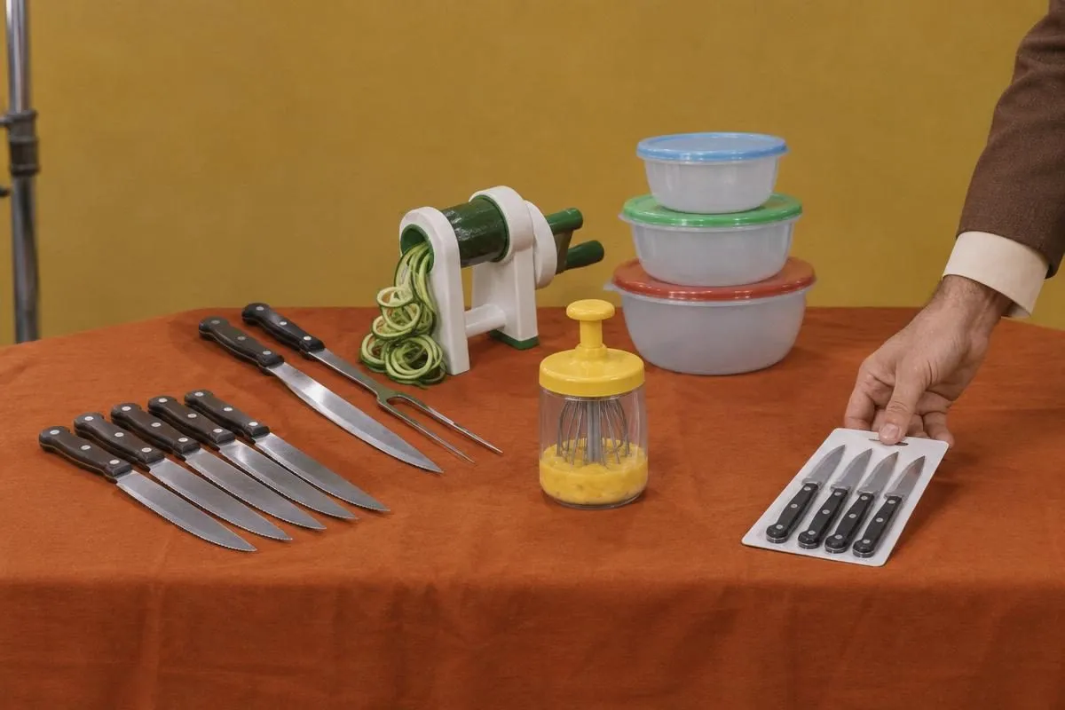 A presenter adding one more bonus knife set to a table of infomercial offer items on a 1970s TV set