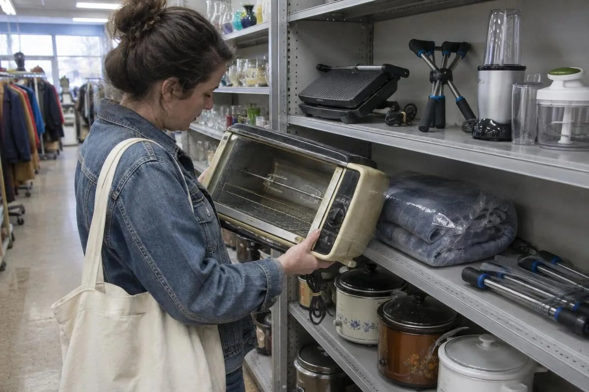 A shopper inspecting a rotisserie oven on a thrift store shelf full of classic infomercial products
