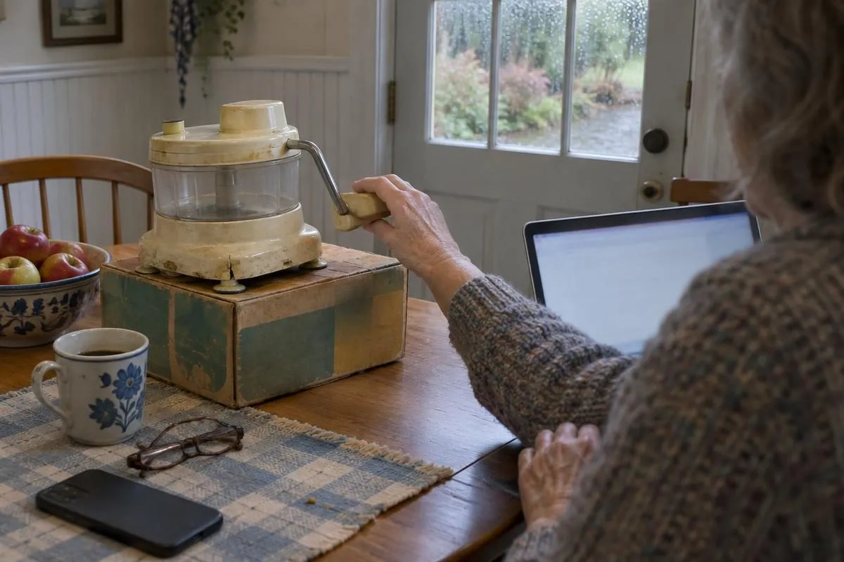 A reader at a kitchen table typing a message about a vintage As Seen On TV food processor