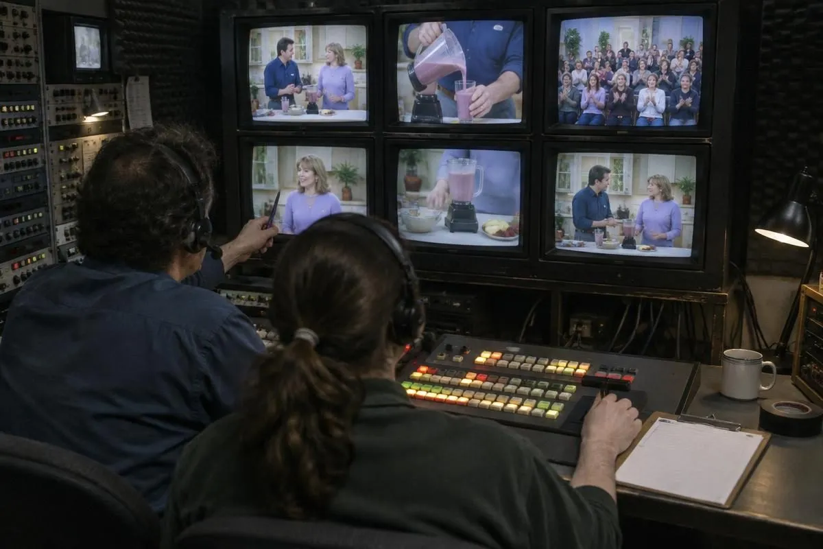 A director and technical director watching an infomercial blender demonstration on a control room monitor wall