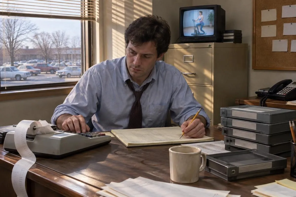 A media buyer at a 1990s office desk calculating what it costs to run an infomercial