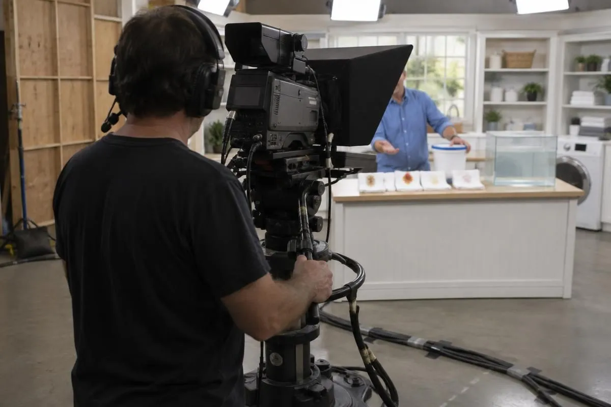 A camera operator filming an infomercial pitchman demonstrating a stain remover on a television studio set
