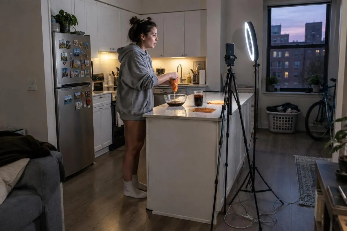 A creator filming a cleaning cloth product demo with a phone and ring light, the modern infomercial pitch